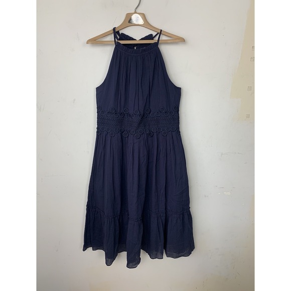 Eliza J Dresses & Skirts - Eliza J Women Dress 12‎ Navy Blue Gauze Halter Crochet Tiered Boho Midi Coquette